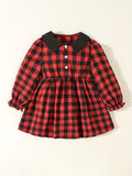 Youngsters's Brother and Sister Set, 1pc Not 2pcs, Please Purchase Boy or Girl Clothes Separately, Single Piece Girl Cute Doll Collar Red Plaid Waistline Long Sleeve Dress, 1 Set Boys Gentleman Suit Plaid Long Sleeve Shirt with Bow Tie + Casual Back Strap