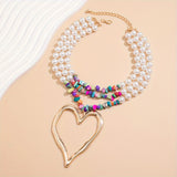 1pc Multilayer Exaggerated Holiday Style Imitation Pearl Peach Heart Charm Necklace Colorful Pine Stone CCB Necklace Charm Multilayer Necklace Gift