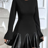 Faux Leather Panel Flare Sleeve Dress, Stylish Crew Neck A-line Dress, Women's Clothing