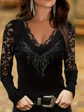 Rhinestone Decor Lace Stitching V Neck T-Shirt, Casual Long Sleeve Top For Spring & Fall, Women's Clothing