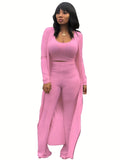 deanwangkt-1  Solid Rib Knit 3 Pieces Set, Open Front Long Length Cardigan & Bodycon Scoop Neck Tank Top & High Waist Draped Pants Outfits, Women's Clothing