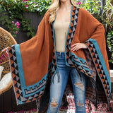 Plus Size Boho Winter Coat, Women's Plus Geometric Print Fringe Trim Batwing Sleeve Open Front Shawl Cape Coat