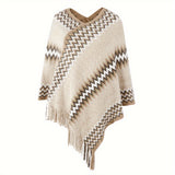 deanwangkt Boho Wave Stripes Knit Pullover Poncho Imitation Cashmere Thick Soft Warm Tassel Shawl Autumn Winter Travel Windproof Coldproof Cloak