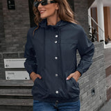 Drawstring Hooded Windproof Jacket, Casual Solid Long Sleeve Outerwear, Women's Clothing