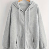 Hooded Casual Sports Fleece Sweatshirt, Solid Color Zipper Up Drawstring Hoodie, Women's Tops