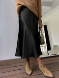 Retro Satin Maxi Skirts, Casual Solid High Waist Vintage Fashion Summer Skirts, Women's Clothing