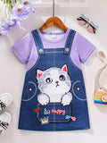 Girls Adorable 3D Cartoon Cat Graphic Round Neck Short Sleeve Dress - Soft Slight Stretch Polyester Fabric, Elegant Style, Machine Washable, Perfect for Spring, Summer, and Fall Daily Wear