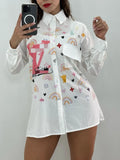 Women Blouses Shirts Designer Print White Shirt Tops Casual Long Sleeved Shirt Free Ship