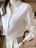 White Lapel Neck Button-down Business Shirts, Long Sleeve Casual Every Day Top, Women's Clothing