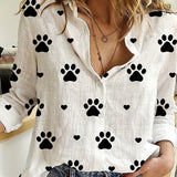 Paw Print Button Front Shirt, Casual Long Sleeve Shirt For Spring & Fall, Women's Clothing