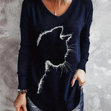 Plus Size Casual T-shirt, Women's Plus Cat Print Long Sleeve V Neck Slight Stretch Top