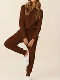 Solid Knitted Two-piece Set, Casual Long Sleeve Sweater & Drawstring Pocket Pants Outfits, Women's Clothing