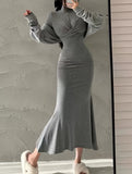 Twist Front Long Sleeve Trumpet Dress, Casual Turtle Neck Slim Dress For Spring & Fall, Women's Clothing