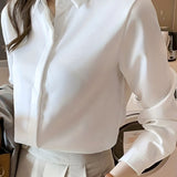 White Lapel Neck Button-down Business Shirts, Long Sleeve Casual Every Day Top, Women's Clothing