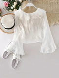 Ruffle Layered Blouse, Elegant Tie Front Long Flared Sleeve Blouse, Women's Clothing