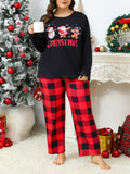 Plus Size Christmas Pajama Set, Long Sleeve Plaid Pants, Santa Gingerbread Print, Casual Polyester Knit Sleepwear, Adult Cozy Loungewear for Women