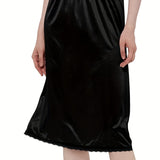 Lace Trim Solid Skirt, Sexy Mid Rise Stretch Half Slips Petticoat, Women's Underwear & Shapewear