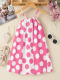 Girls Charming Polka Dot Summer Dress - Chic Thin Straps, Sleeveless, Vibrant Print, Regular Fit, Knee-Length - Ideal for Stylish Casual Outings