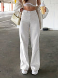 White Loose Fit Straight Jeans, Slash Pockets Non-Stretch Baggy Denim Pants, Women's Denim Jeans & Clothing