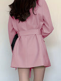 Solid Lapel Belted Blazer, Elegant Long Sleeve Blazer For Spring & Fall, Women's Clothing