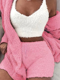 deanwangkt-1  Warm Fuzzy Pajama Set, Long Sleeve Hooded Robe & Tank Top & Drawstring Shorts, Women's Sleepwear & Loungewear