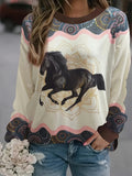 Horse Head Print Pullover Sweatshirt, Casual Long Sleeve Crew Neck Sweatshirt For Fall & Winter, Women's Clothing