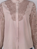 Women's Blouse Lace Crochet Lapel Button Flare Sleeve Elegant Top Blouse