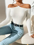 Ribbed Cold Shoulder Slim Sweater, Casual Long Sleeve Sweater For Spring & Fall, Women's Clothing