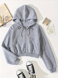 Solid Drawstring Zip Up Thermal Lined Crop Hoodie Sweatshirt, Long Sleeve Pocket Front Sweatshirt, Women's Tops