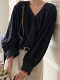 Solid V Neck Button Front Blouse, Casual Long Sleeve Blouse For Spring & Fall, Women's Clothing