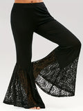 Plus Size Casual Pants, Women's Plus Plain Contrast Lace High Stretch Skinny Flare Leg Pants