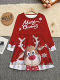 Girls' Festive Christmas Reindeer & Snowflake 3D Print Dress - Casual Elegance with Long Sleeves, Round Neck - Perfect for Spring/Summer/Fall