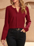 Solid V Neck Blouse, Casual Long Sleeve Simple Blouse, Women's Clothing