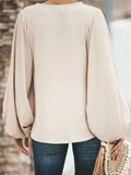 Solid V Neck Blouse, Elegant Lantern Sleeve Blouse For Spring & Fall, Women's Clothing