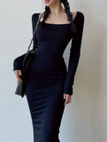 Square Neck Long Sleeve Slim Dress, Chic Solid Color Maxi Length Dress, Women's Clothing