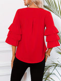 Solid Layered Flare Sleeve Blouse, Versatile Crew Neck Blouse For Spring & Fall, Women's Clothing