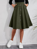 deanwangkt  Solid Button Front Pocket Ruffled Hem Skirts, Elegant Loose High Waist Flared Skirts, Women's Clothing