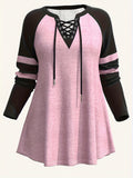 Plus Size Preppy Blouse, Women's Plus Colorblock Lace Up Long Sleeve Medium Stretch T-shirt