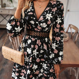 Floral Print Surplice Neck Dress, Elegant Long Sleeve A Line Dress, Women's Clothing