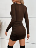 deanwangkt-1  Ladies Sexy Ruched Ruffle Skinny Dresses, Sexy Solid Stretchy Long Sleeve V Neck Dresses, Women's Clothing