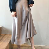 Retro Satin Maxi Skirts, Casual Solid High Waist Vintage Fashion Summer Skirts, Women's Clothing