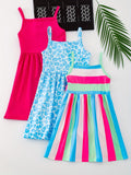 3pcs Chic Girls' Cami Dress Set - Leopard & Stripes, Soft Stretch Fabric, Sleeveless Summer Outfits for Holidays & Parties