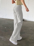 White Loose Fit Straight Jeans, Slash Pockets Non-Stretch Baggy Denim Pants, Women's Denim Jeans & Clothing