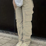 Plain High Rise Cargo Denim Pants, Loose Solid Color Retro Cargo Jeans, Street Casual Style, Women's Denim Jeans & Clothing