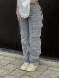 Plain High Rise Cargo Denim Pants, Loose Solid Color Retro Cargo Jeans, Street Casual Style, Women's Denim Jeans & Clothing