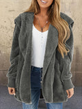 Open Front Hoodie Plush Coat, Long Sleeve Teddy Outerwear For Fall & Winter, Women's Clothing