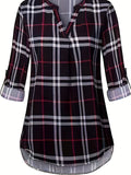 Plaid Print Notch Neck Blouse, Casual Long Sleeve Blouse For Spring & Fall, Women's Clothing