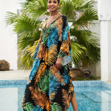 Plus Size Boho Kaftan Dress, Women's Plus Tropical Print Batwing Sleeve V Neck Split Maxi Beach Dress