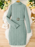 Teen Girls Rib Knitted Warm Bodycon Sweater Dress With Belt