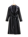 Longline Faux Leather Coat, Elegant Black Lapel Belted Coat For Fall & Winter, Women's Clothing